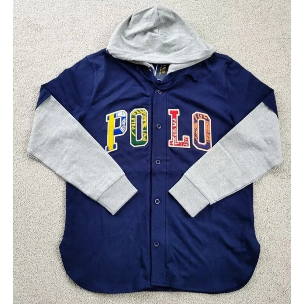 Polo Ralph Lauren Logo Hooded Baseball Jersey Cotton Navy Blue Grey Mens XL